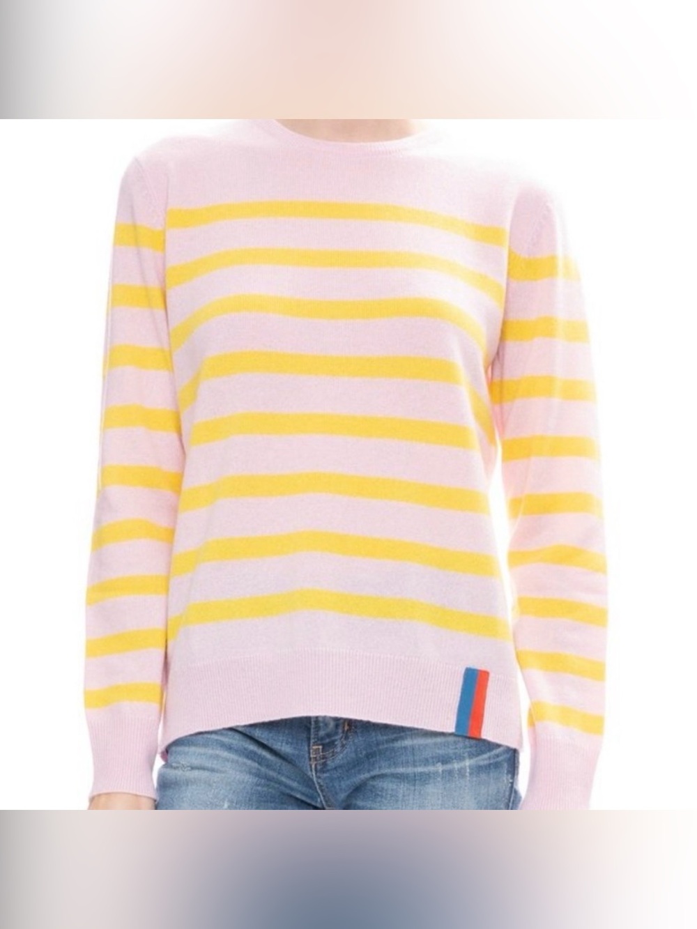 100% cashmere kule size xs pink crew neck sweater with yellow stripes